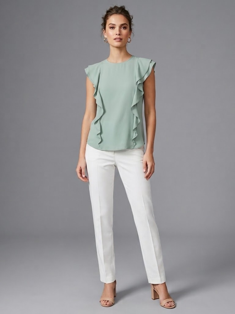 LOFT Sage Green Ruffle Sleeve Blouse Size Petite Medium